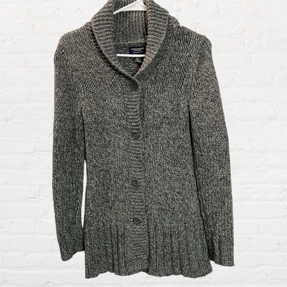 American Eagle Wool Blend Shawl Collar Button Cardigan Gray Neutral Sweater XS - Picture 2 of 8